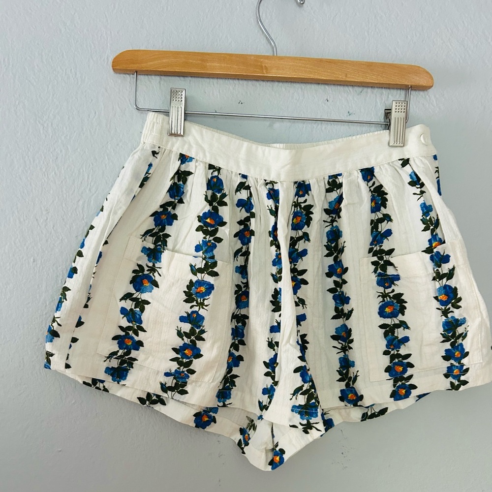 Topshop White Shorts with Blue Floral Stripe Print